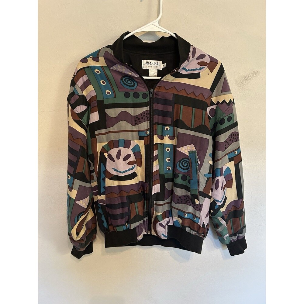 Vintage Silk Abstract Pattern Retro Bomber Jacket Size Small Water Collection